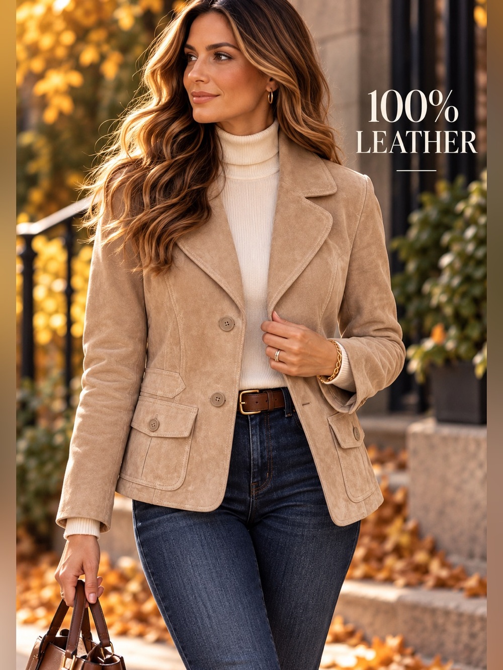 Ann Taylor LOFT 100% Leather Suede Blazer Jacket Tan Size 10